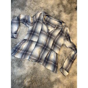 Attard State Plaid Peplum Blouse Shirt Womens Size Small Grey Long Sleeve V Neck